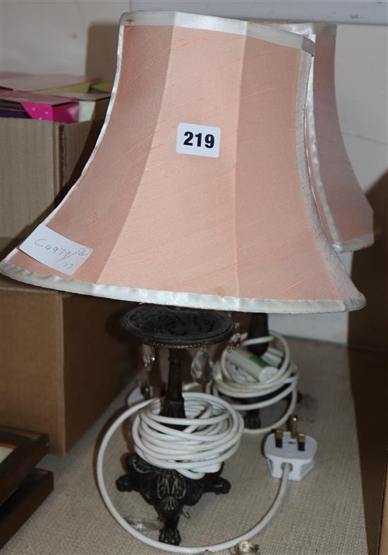 A pair of metal and lustre table lamps